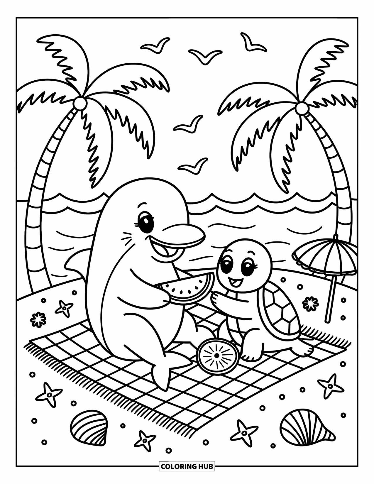 Delfin Ausmalbild für Erwachsene: Ein glücklicher Delfin teilt Wassermelone mit einer Schildkröte auf einer Picknickdecke unter Wasser