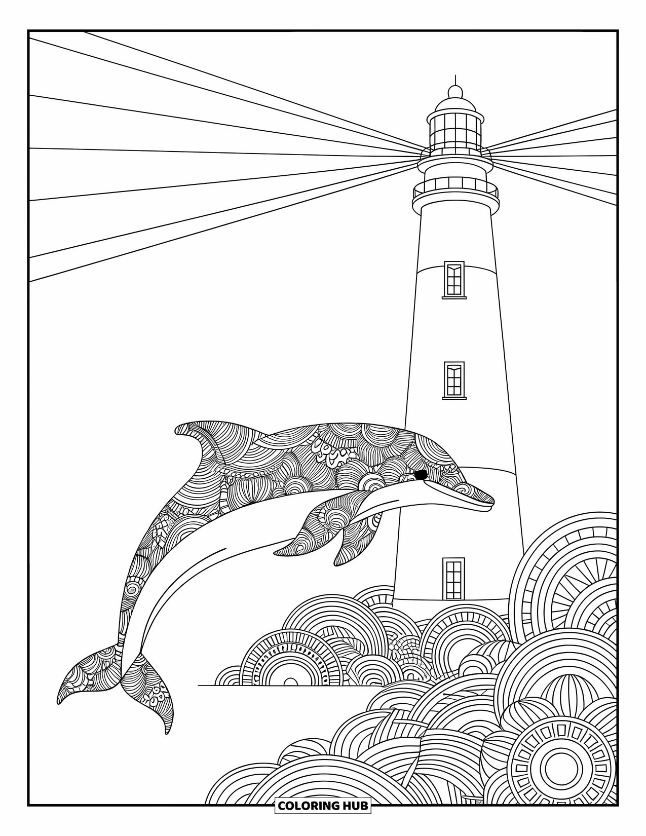 Delfin Ausmalbild für Erwachsene: Ein Delfin mit Mandala-Muster, der anmutig unter einem Leuchtturm schwimmt