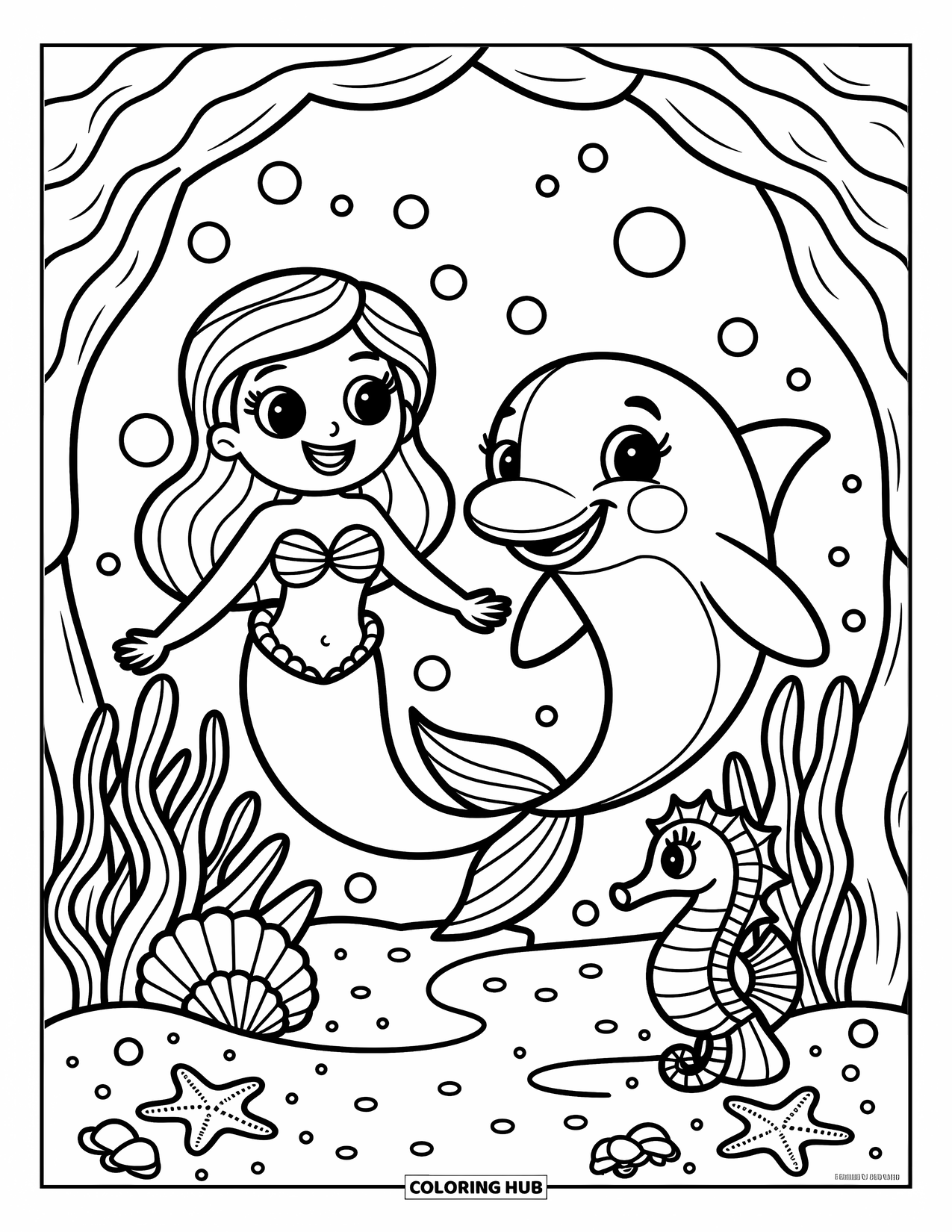 Delfin Ausmalbild für Erwachsene: Eine Meerjungfrau und ein Delfin erkunden Korallentunnel, während ein neugieriges Seepferdchen herausschaut