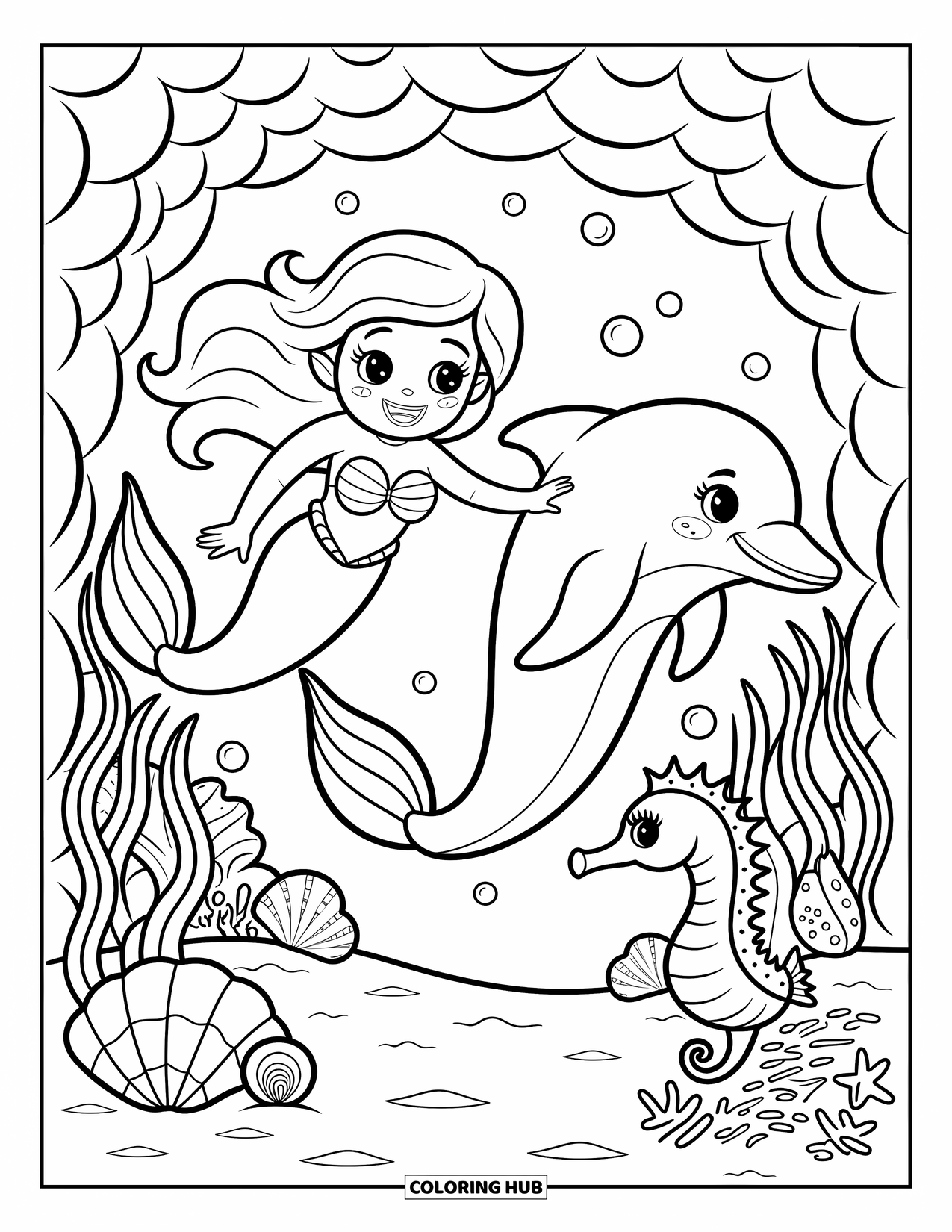 Delfin Ausmalbild für Erwachsene: Eine Meerjungfrau und ein Delfin lächeln, während sie durch Korallen mit Blasen und Muscheln schwimmen