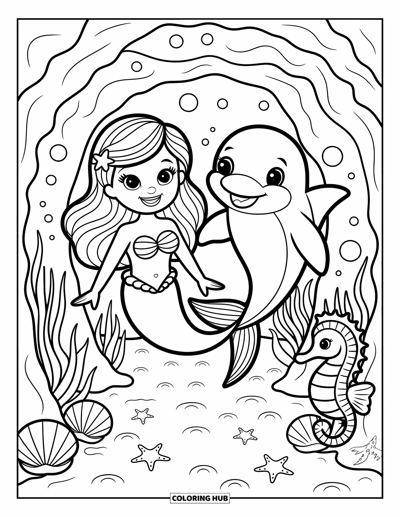 Delfin Ausmalbild für Erwachsene: Eine Meerjungfrau und ein Delfin schwimmen glücklich durch Korallenbögen mit Blasen und Muscheln