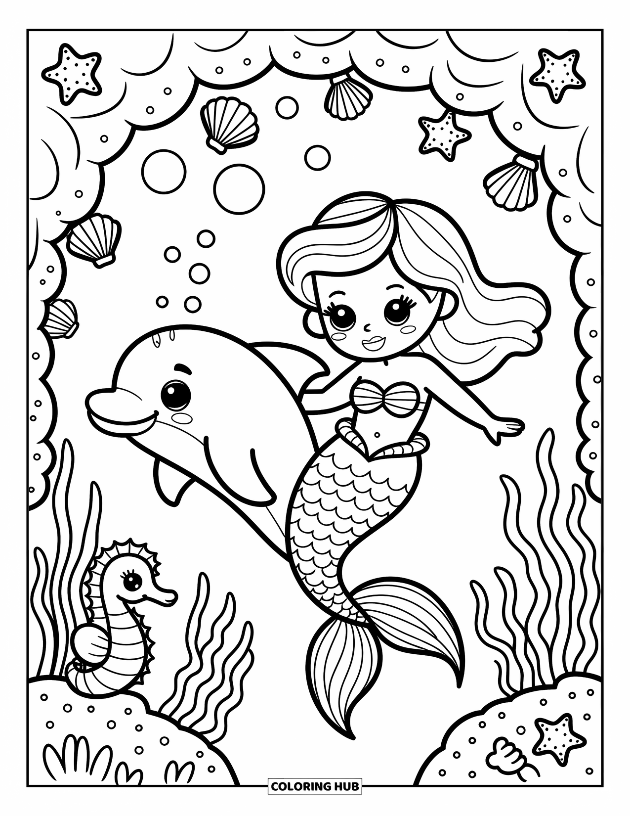 Delfin Ausmalbild für Erwachsene: Eine Meerjungfrau und ein Delfin schwimmen an Korallen und Algen vorbei, mit Seesternen auf dem Sand