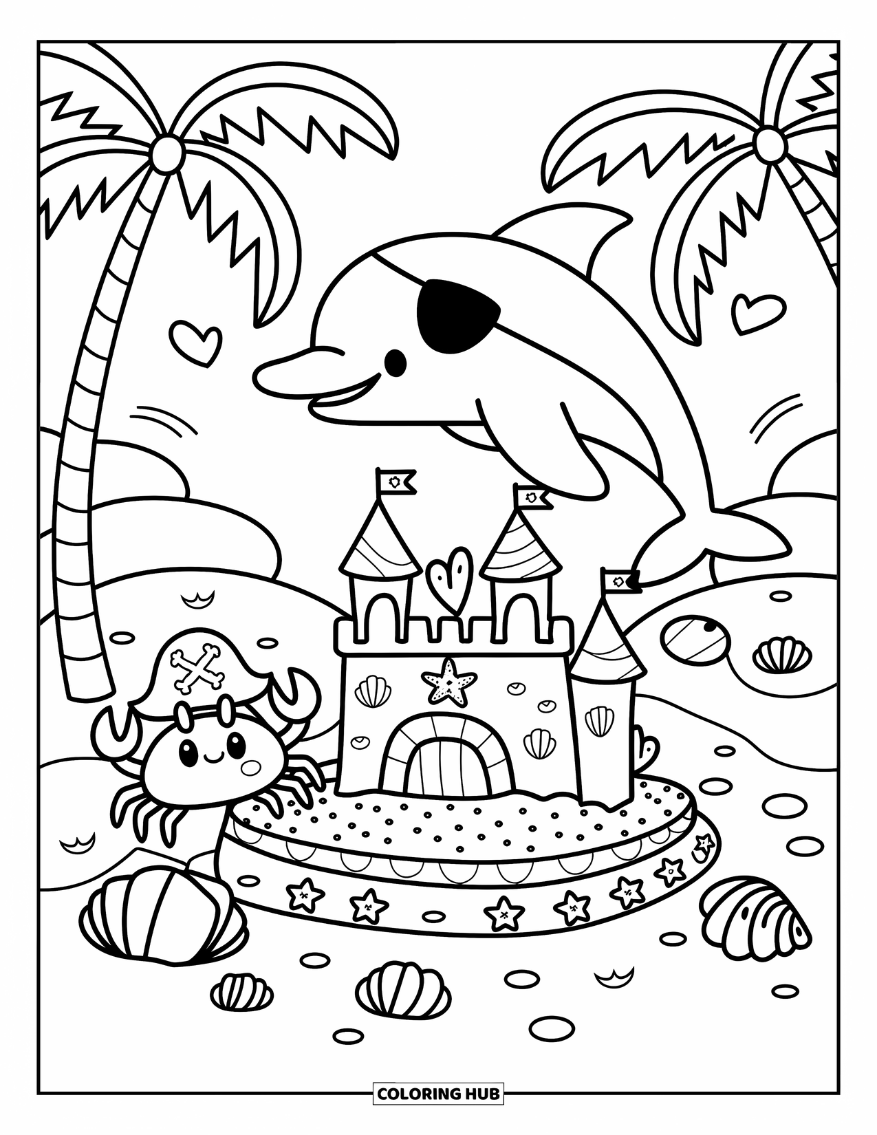 Delfin Ausmalbild für Erwachsene: Ein verspielter Delfin und eine Piratenkrabbe beschützen eine Sandburg mit Muscheln und Flaggen