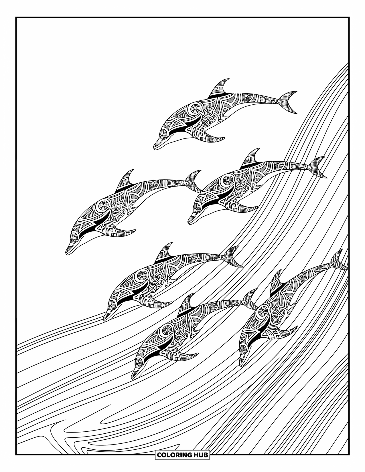 Delfin Ausmalbild für Erwachsene: Eine Gruppe von Delfinen mit Stammesmustern, die durch wirbelnde Gewässer schwimmen