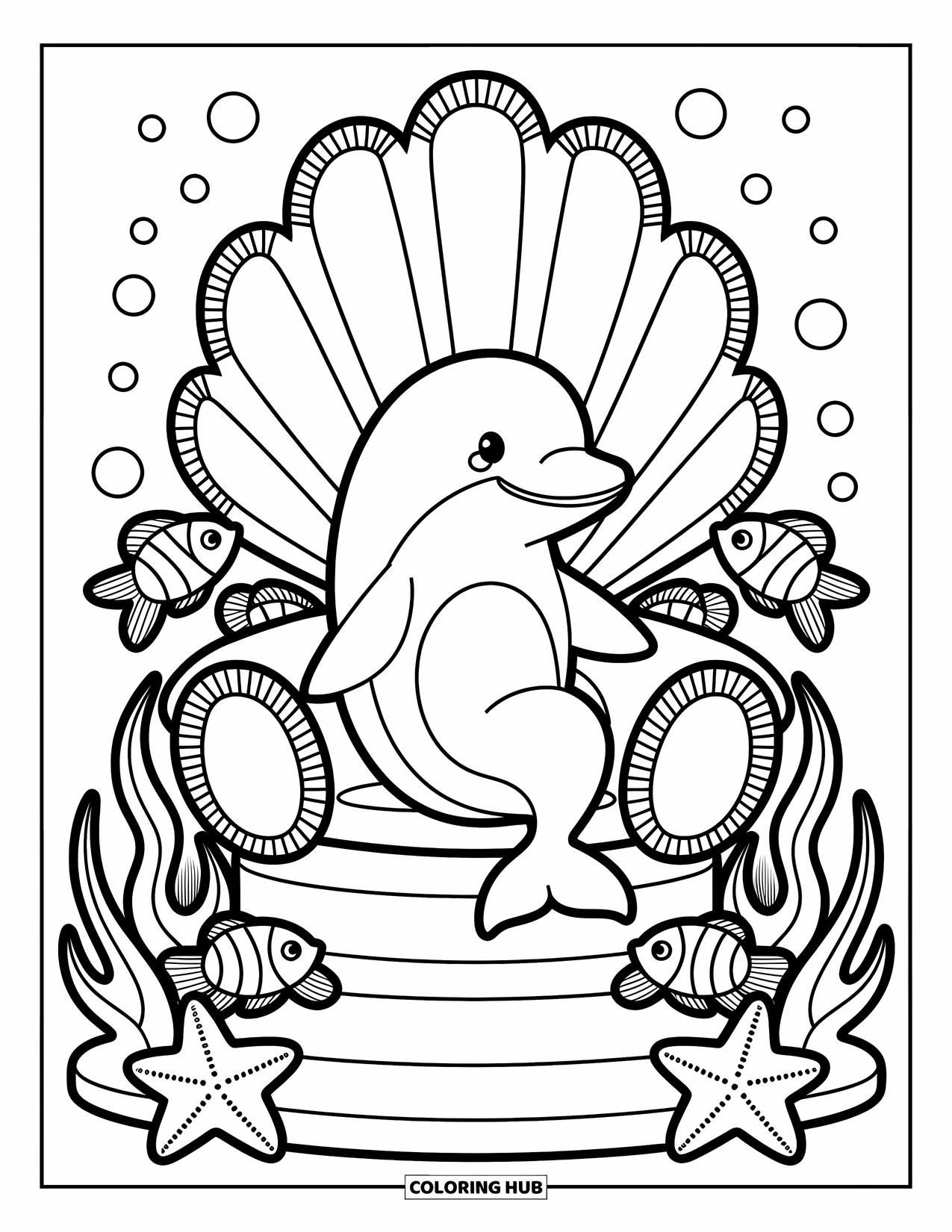 Delfin Ausmalbild für Erwachsene: Ein königlicher Delfin auf einem Muschelthron, umgeben von Fischen und Korallenpfeilern