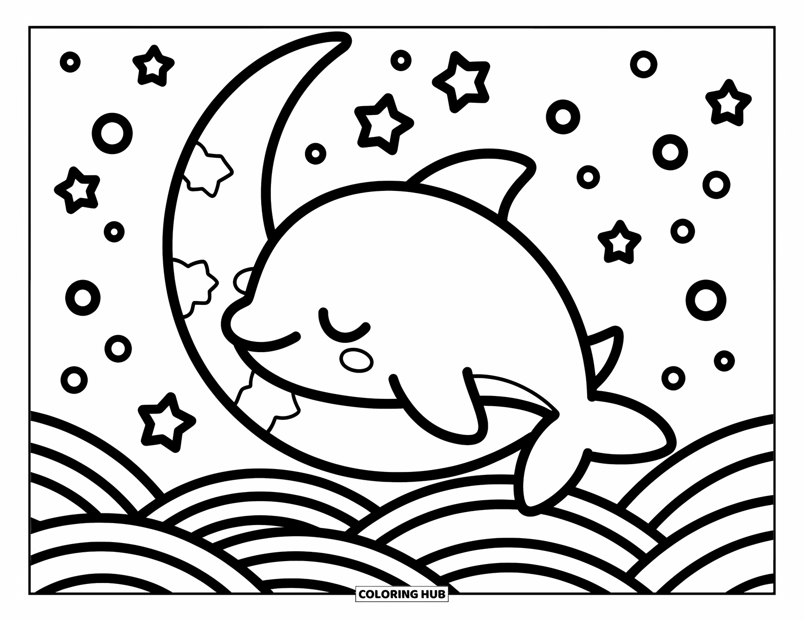 Delfin Ausmalbild für Erwachsene: Ein schläfriger Delfin ruht auf einer Mondsichel über sanften Wellen und funkelnden Sternen