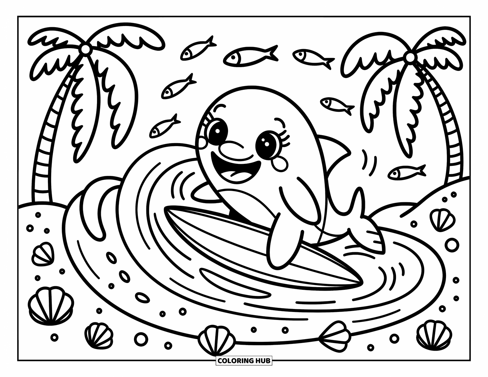 Delfin Ausmalbild für Erwachsene: Ein lächelnder Delfin surft über Wellen mit Muscheln und springenden Fischen in der Nähe