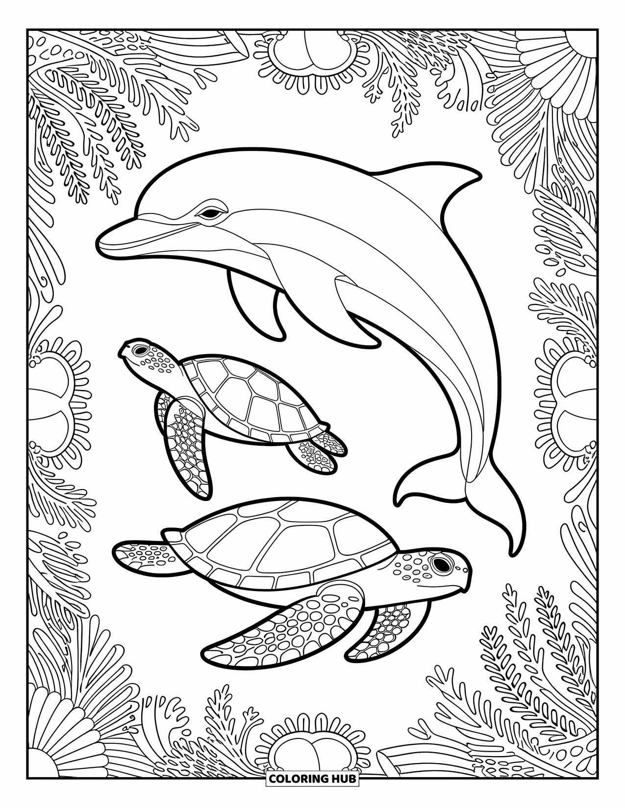 Delfin Ausmalbild für Erwachsene: Delfin und Meeresschildkröten schwimmen anmutig inmitten komplizierter Unterwassermuster