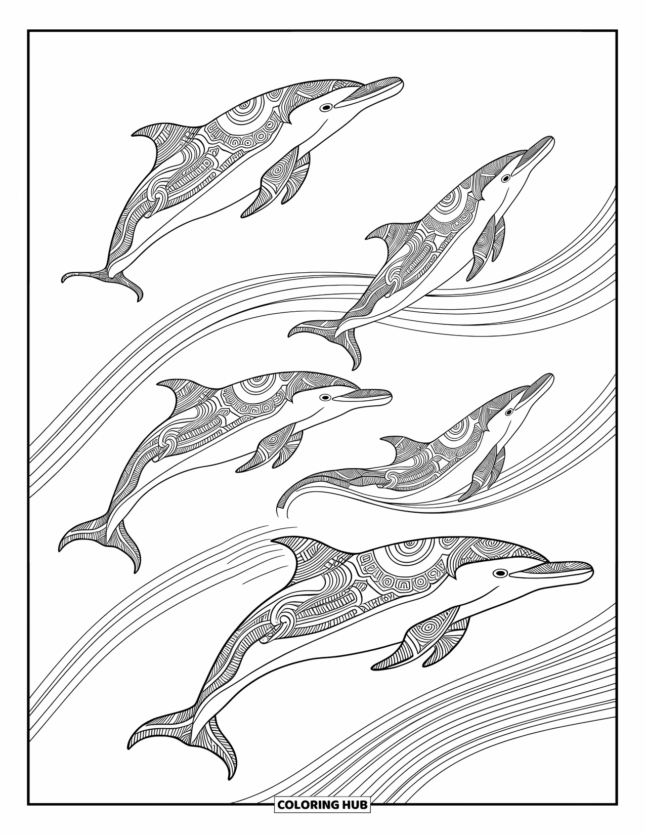 Delfin Ausmalbild für Erwachsene: Delfine mit Stammesdesigns, die durch wirbelnde Wasserströmungen schwimmen