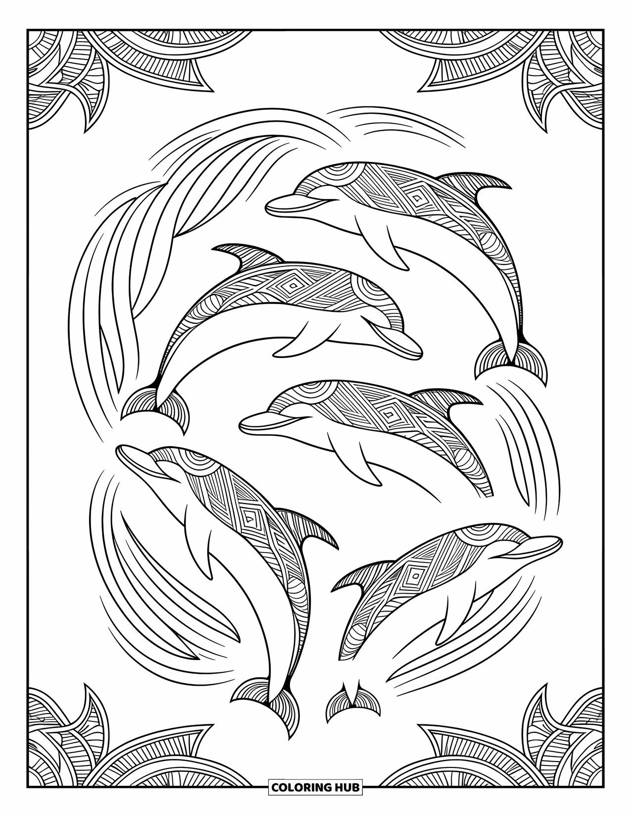 Delfin Ausmalbild für Erwachsene: Delfine mit Stammesmustern, die anmutig durch Wasserströmungen schwimmen