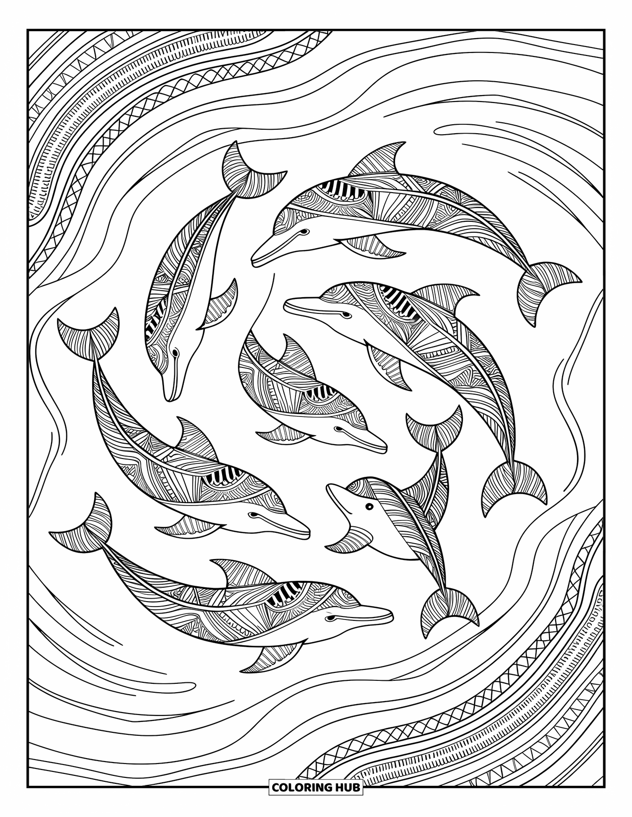 Delfin Ausmalbild für Erwachsene: Delfine mit Stammesmustern, die sich anmutig durch Wasserströmungen schlängeln