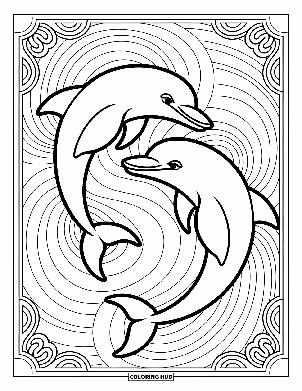 Delfin Ausmalbild für Erwachsene: Zwei Delfine, die in einer Yin-Yang-Pose mit komplizierten Mustern verschlungen sind