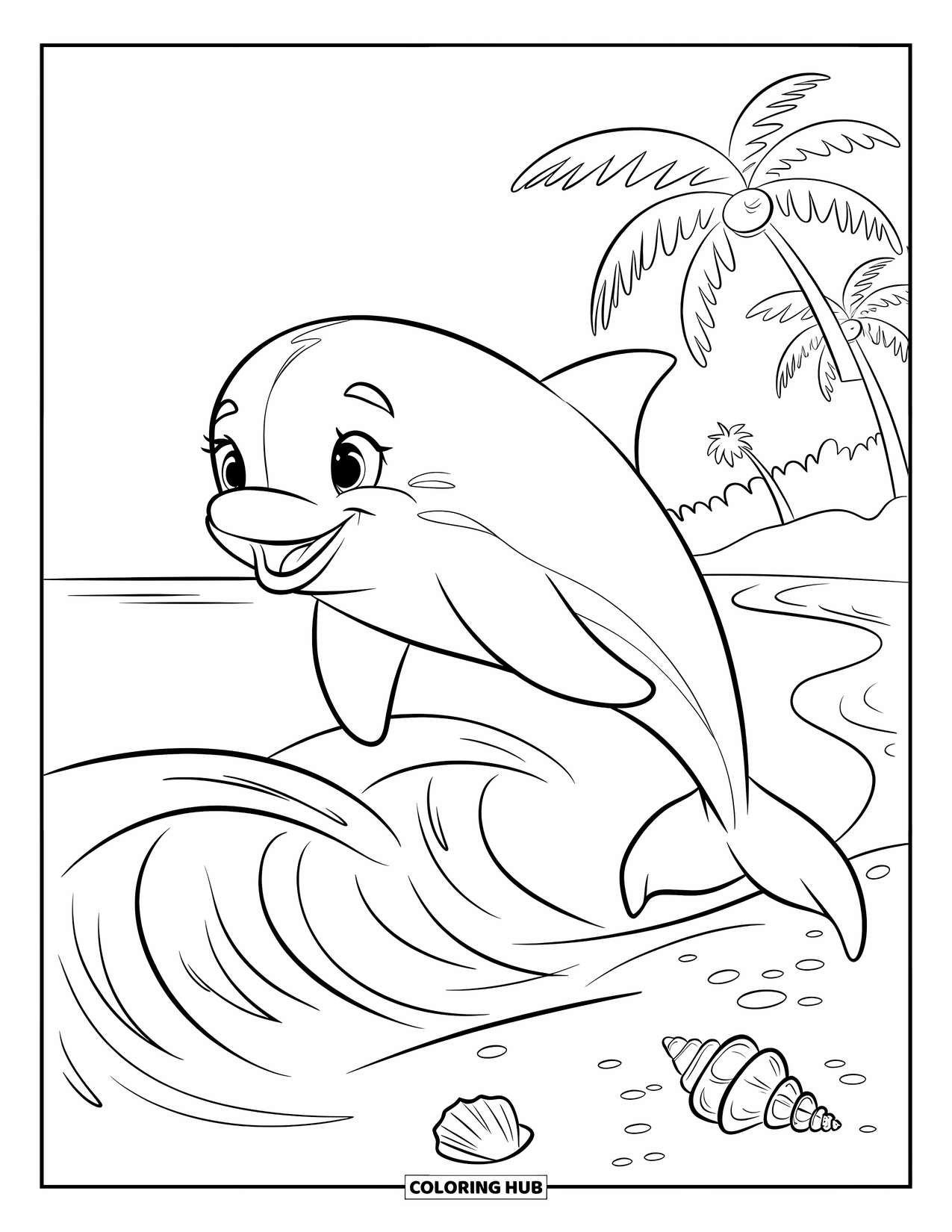 Delfin Ausmalbild für Kinder: Ein fröhlicher Delfin springt über Wellen mit ein paar Muscheln