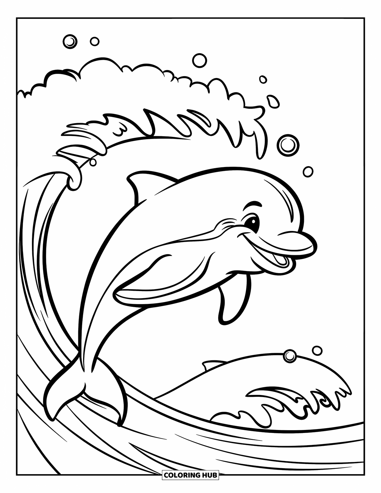 Delfin Ausmalbild für Kinder: Ein fröhlicher Delfin springt über eine Welle mit ein paar Blasen