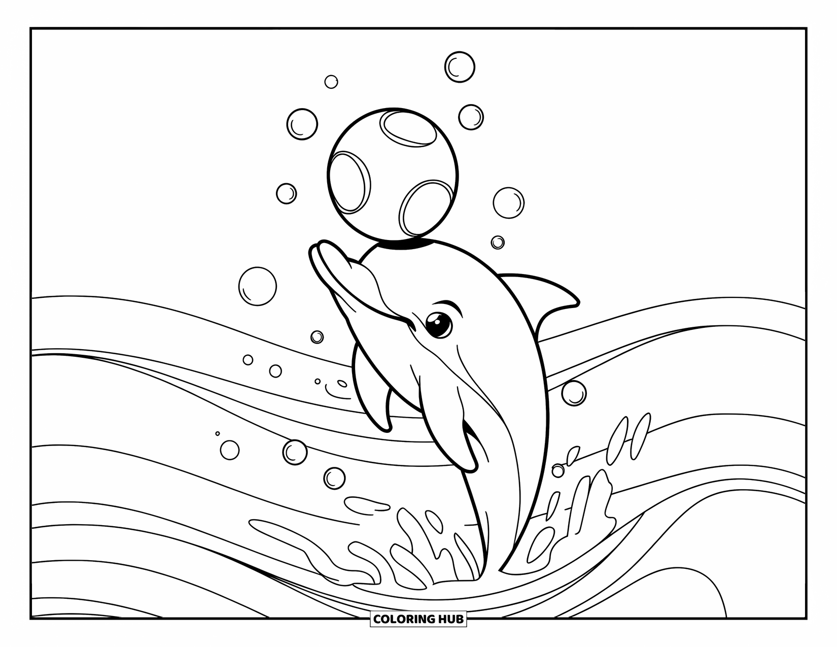 Delfin Ausmalbild für Kinder: Ein fröhlicher Delfin gibt an, indem er einen Ball auf seiner Nase balanciert