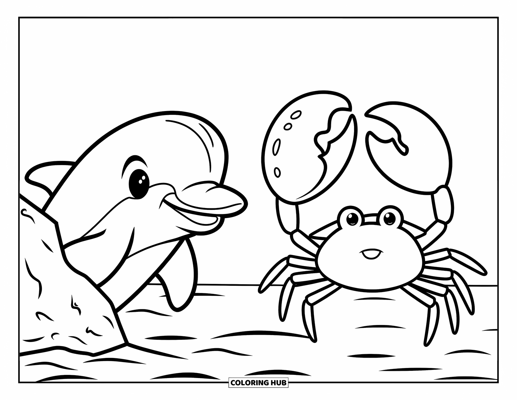 Delfin Ausmalbild für Kinder: Ein neugieriger Delfin späht hervor, während eine Krabbe eine Muschel hält