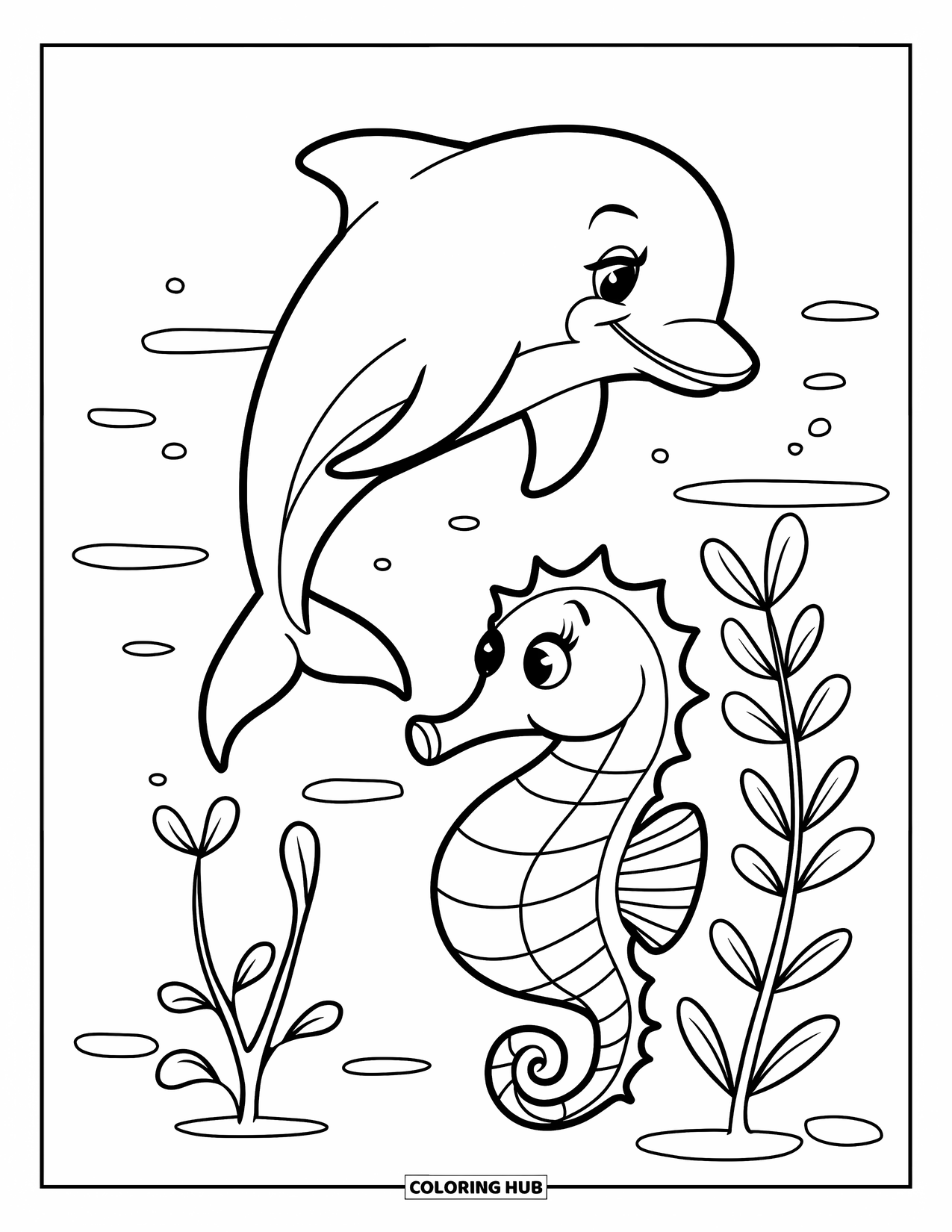 Delfin Ausmalbild für Kinder: Ein Delfin und ein Seepferdchen genießen ein Bad in der Nähe von Unterwasserpflanzen