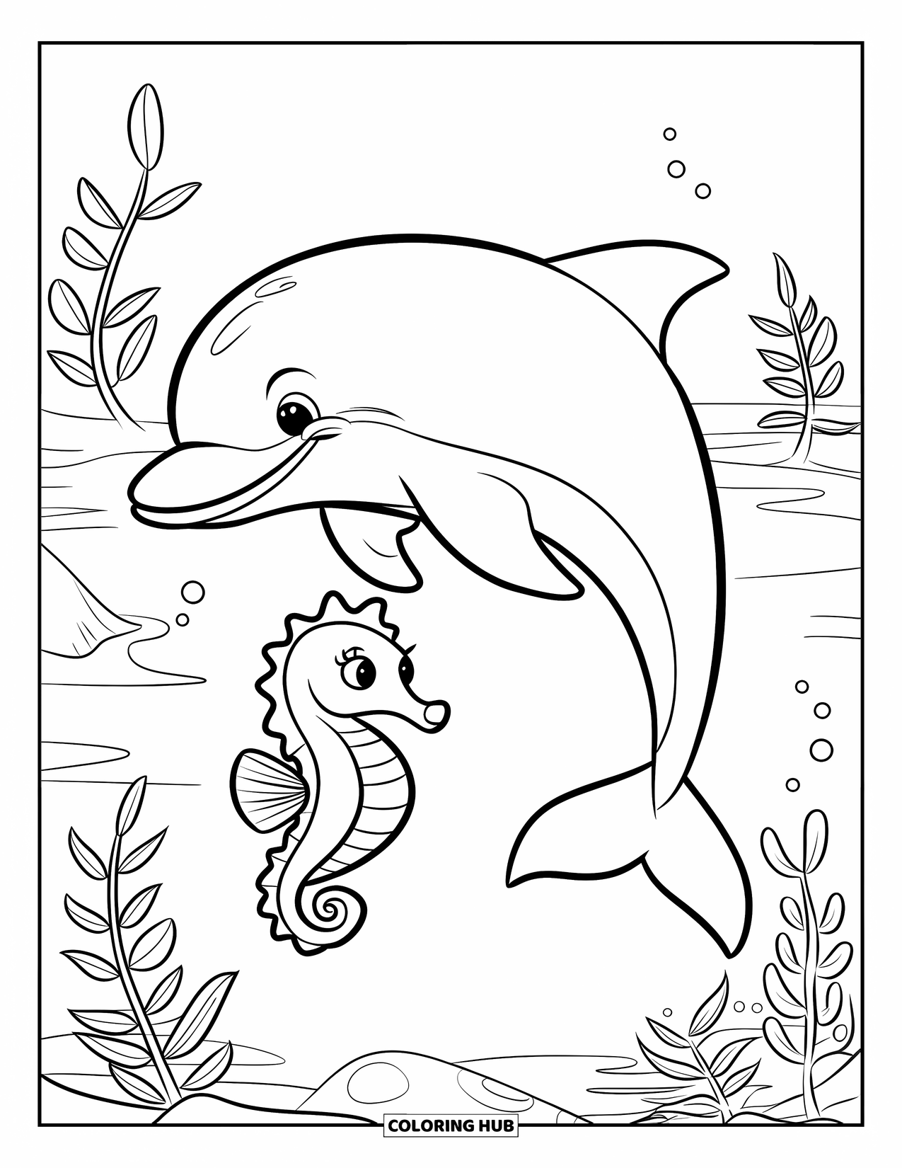 Delfin Ausmalbild für Kinder: Ein Delfin und ein Seepferdchen spielen zwischen Pflanzen in klarem Wasser