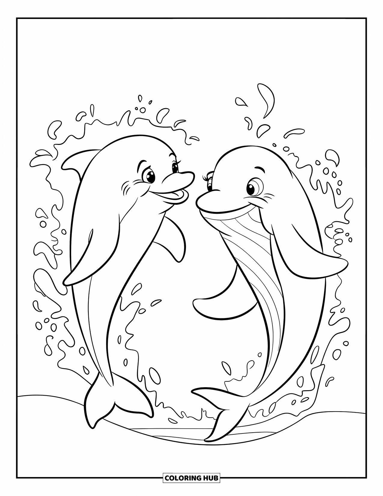 Delfin Ausmalbild für Kinder: Ein Delfin und ein Wal blicken sich fröhlich an mit Wasserspritzern