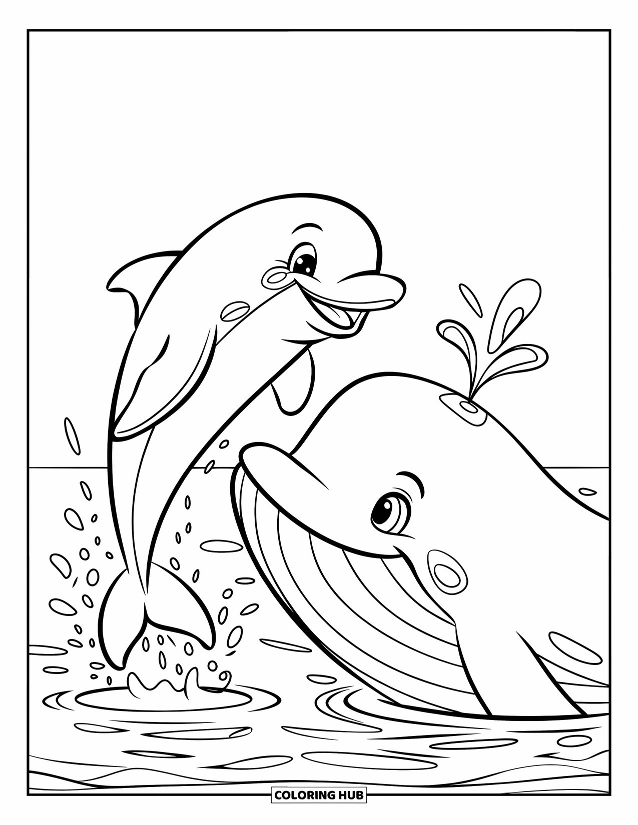 Delfin Ausmalbild für Kinder: Ein Delfin und ein Wal teilen sich ein Lächeln mit Wasserspritzern um sie herum