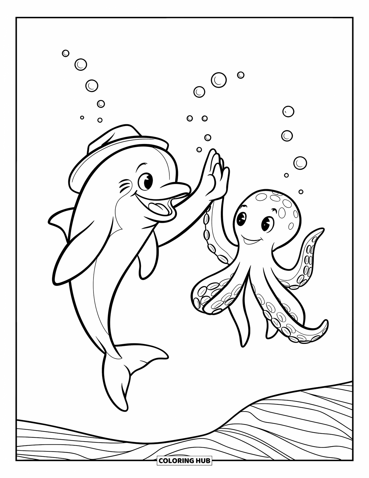 Delfin Ausmalbild für Kinder: Ein Delfin und ein Oktopus geben sich unter Wasser ein High-Five, umgeben von Blasen