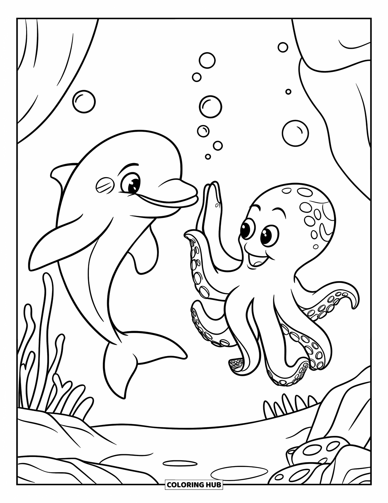 Delfin Ausmalbild für Kinder: Ein Delfin und ein Oktopus geben sich unter Wasser ein High-Five, umgeben von aufsteigenden Blasen