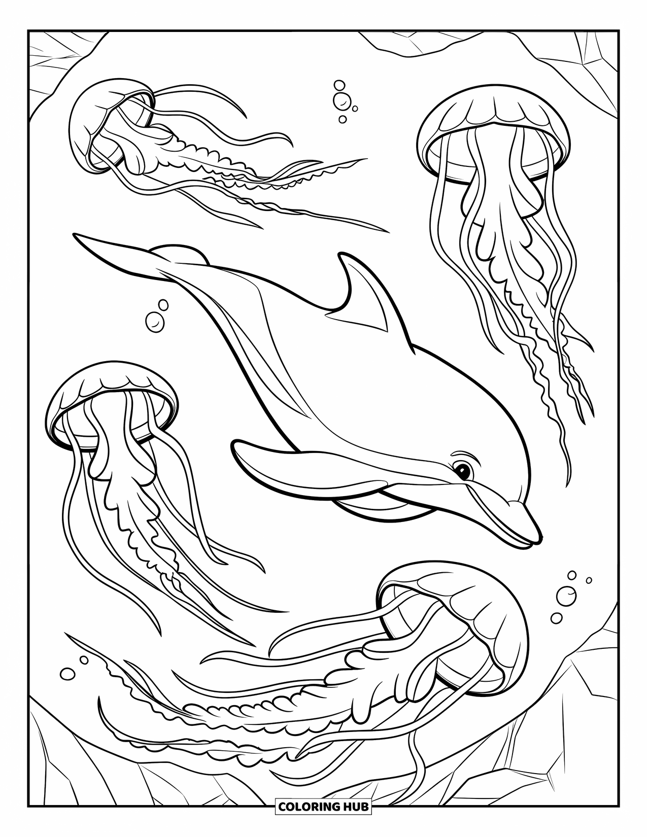 Delfin Ausmalbild für Kinder: Ein Delfin und ein Hai jagen sich gegenseitig bei versunkenen Ruinen