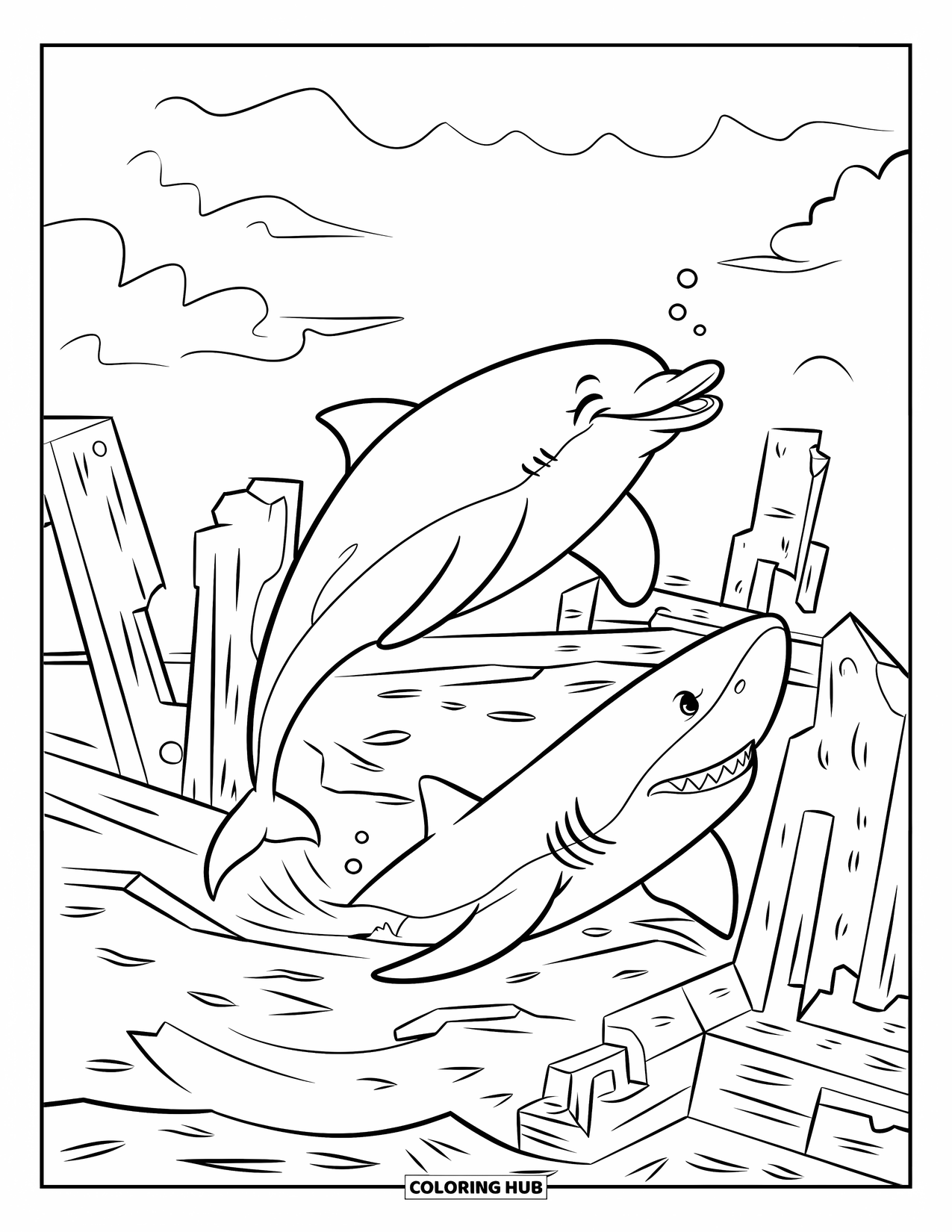 Delfin Ausmalbild für Kinder: Ein Delfin und ein Hai jagen sich spielerisch um Schiffswrackruinen