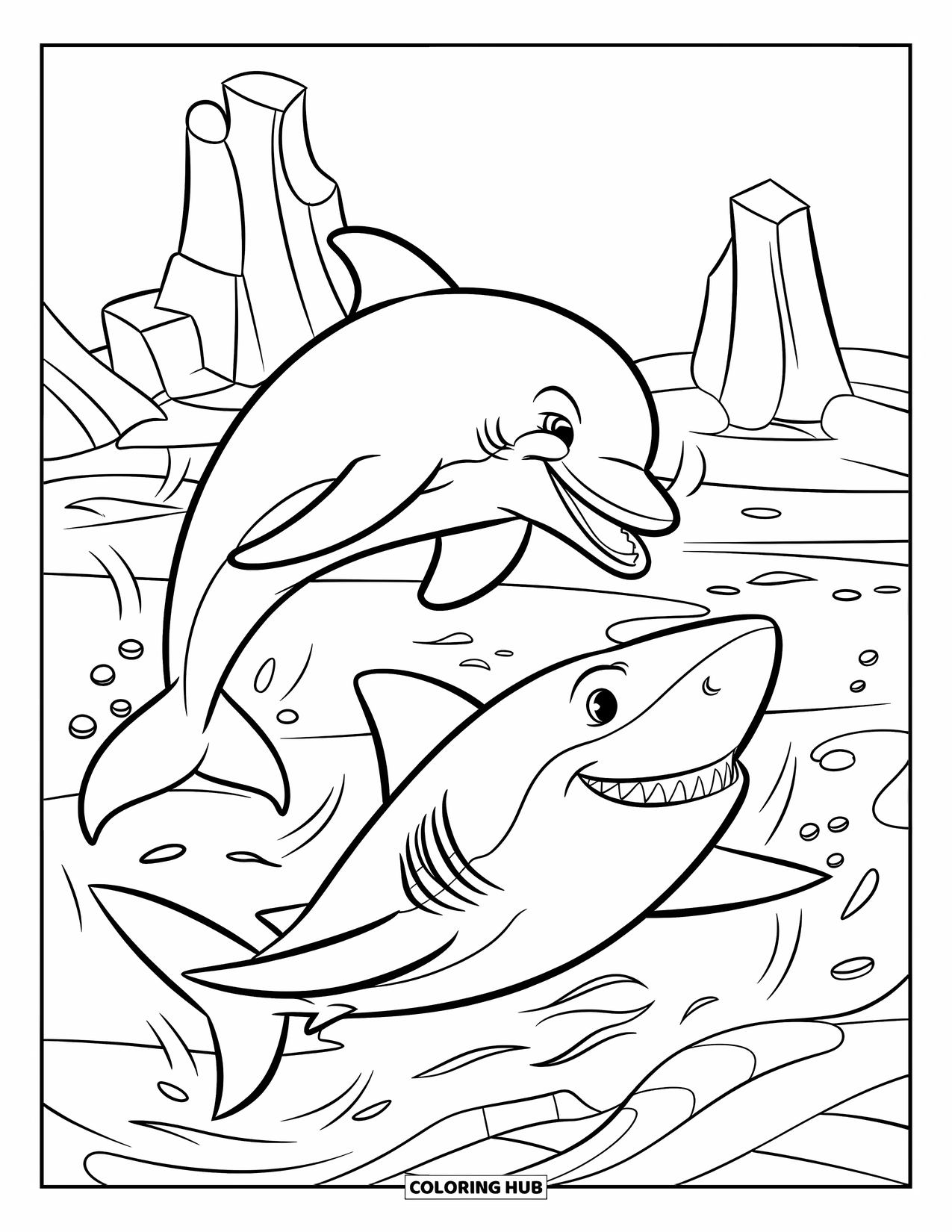 Delfin Ausmalbild für Kinder: Ein Delfin und ein Hai jagen sich spielerisch um Schiffswrackruinen