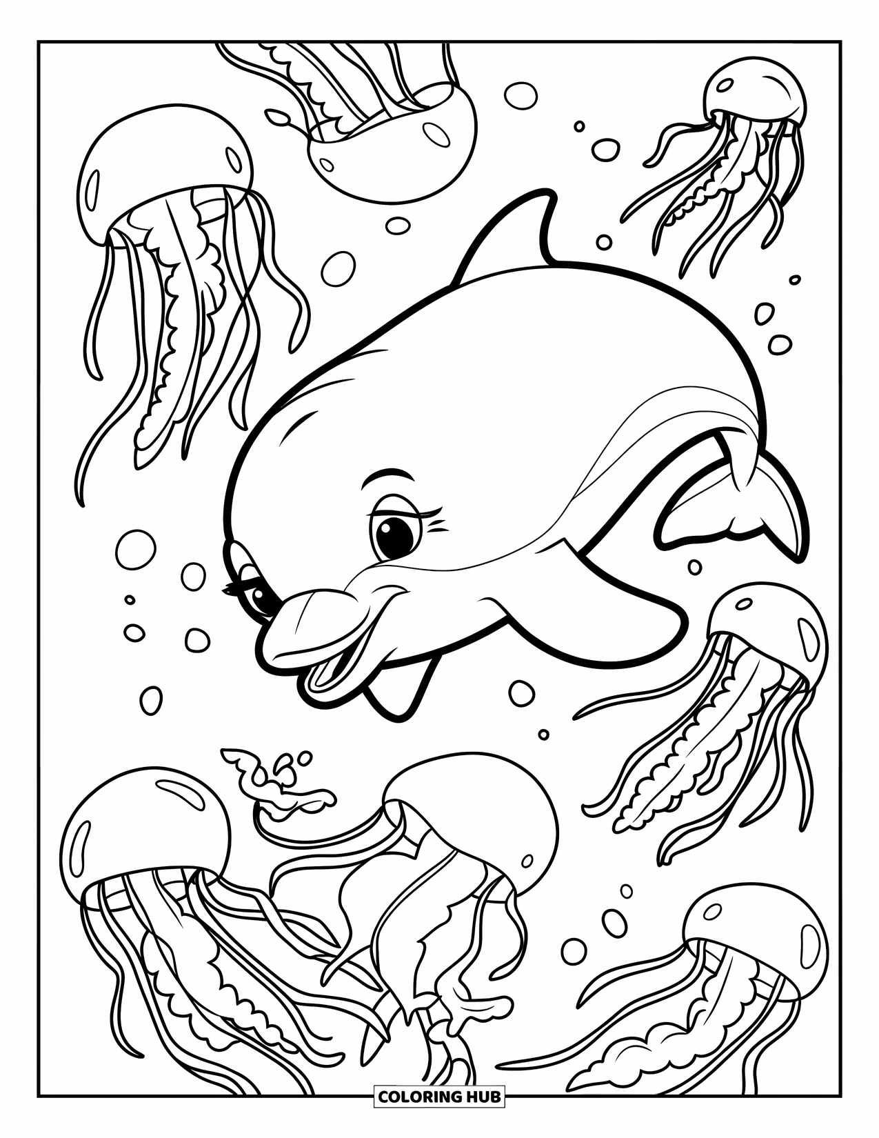 Delfin Ausmalbild für Kinder: Ein Delfin und ein Hai spielen in der Nähe eines Schiffswracks unter bewölktem Himmel