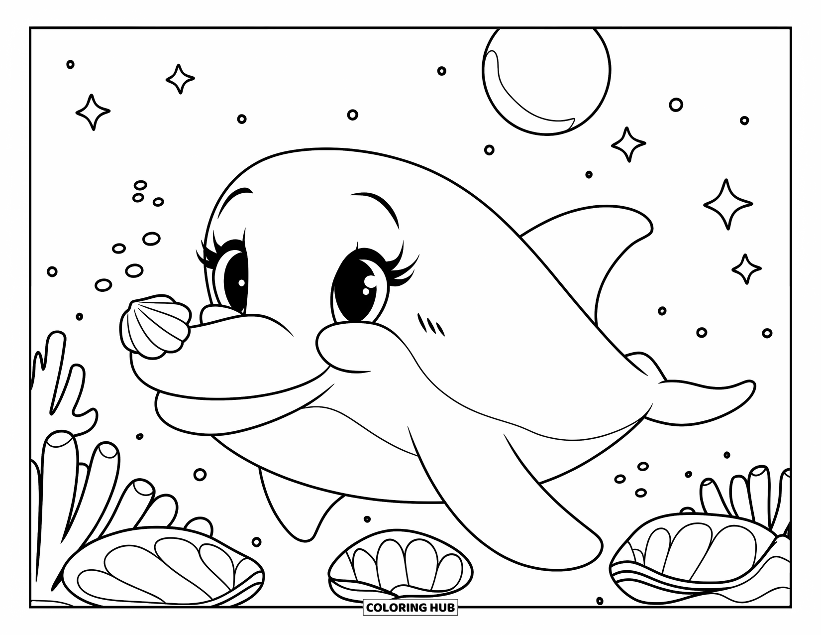 Delfin Ausmalbild für Kinder: Ein Delfin trägt eine Perle auf der Nase und schwimmt in der Nähe von Muscheln und Korallen