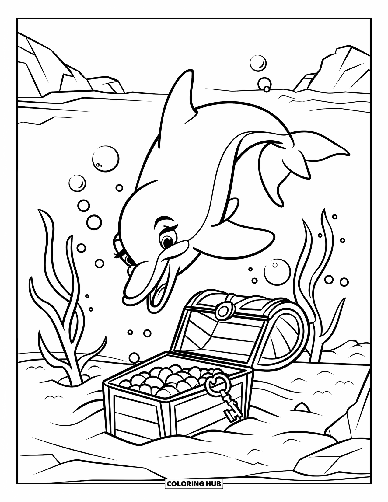 Delfin Ausmalbild für Kinder: Ein Delfin taucht in der Nähe einer versunkenen Schatztruhe mit Algen und Blasen um sich herum