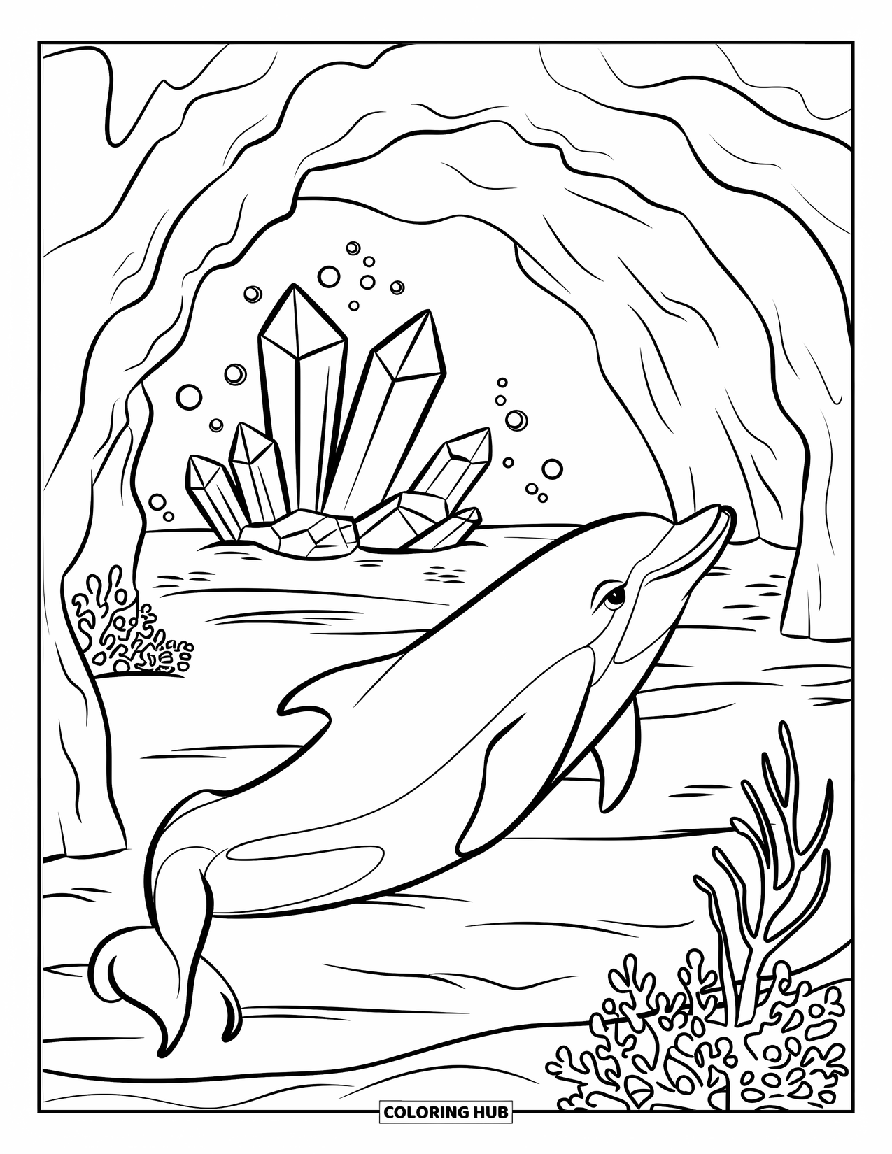 Delfin Ausmalbild für Kinder: Ein Delfin erkundet eine Höhle mit leuchtenden Kristallen und Meerespflanzen