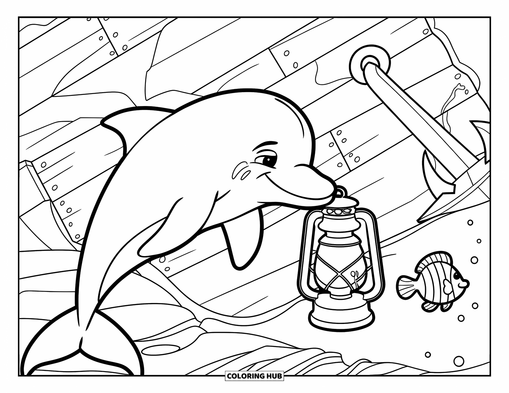 Delfin Ausmalbild für Kinder: Ein Delfin erkundet ein Schiffswrack mit einem Laternenfisch in der Nähe