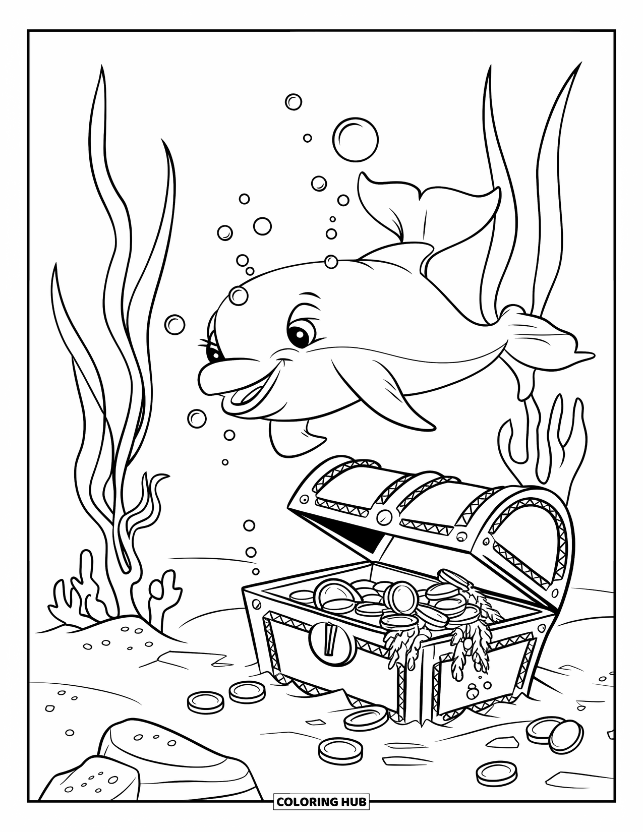 Delfin Ausmalbild für Kinder: Ein Delfin erkundet eine versunkene Schatztruhe mit Münzen und Algen
