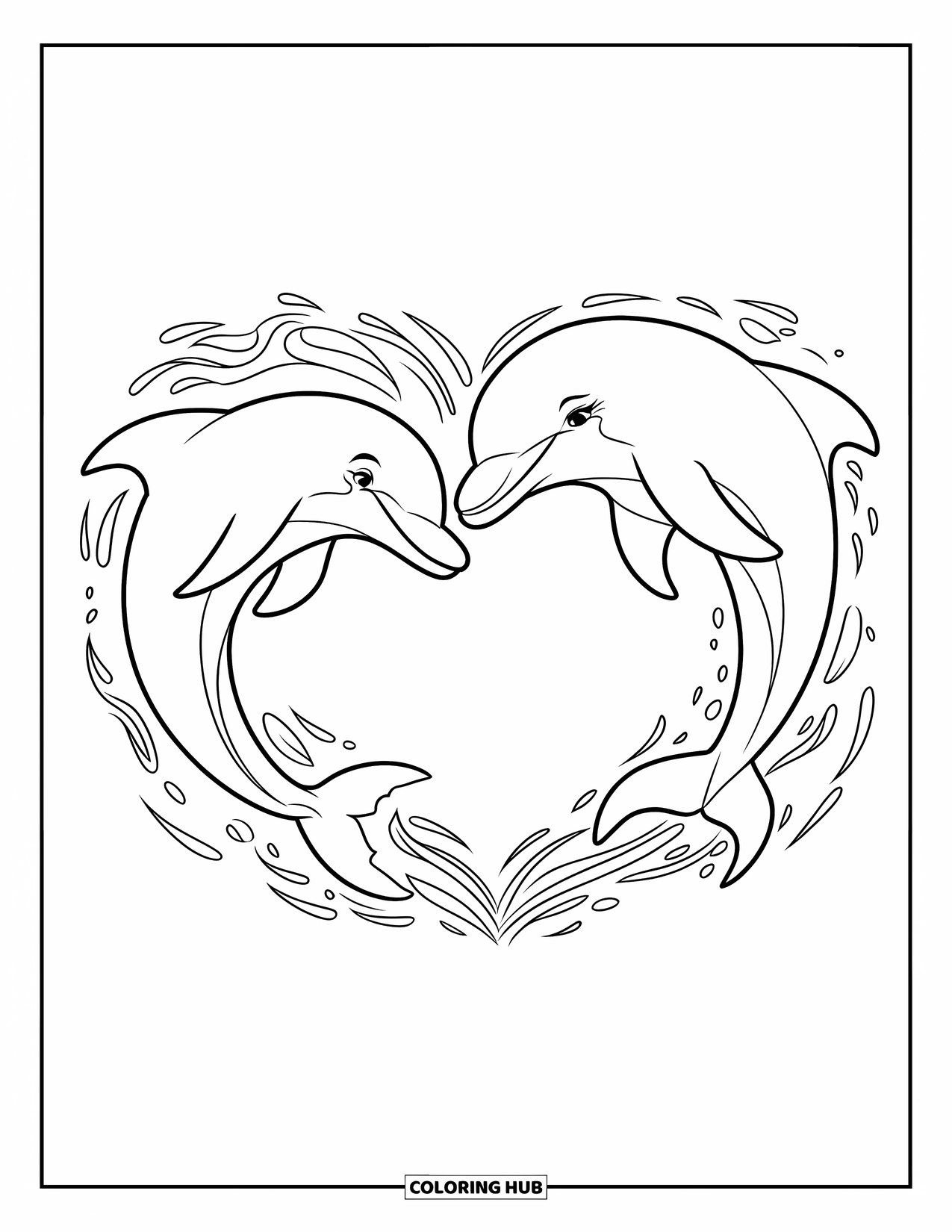 Delfin Ausmalbild für Kinder: Ein Delfin erkundet einen Unterwassertunnel mit Fischen und Pflanzen