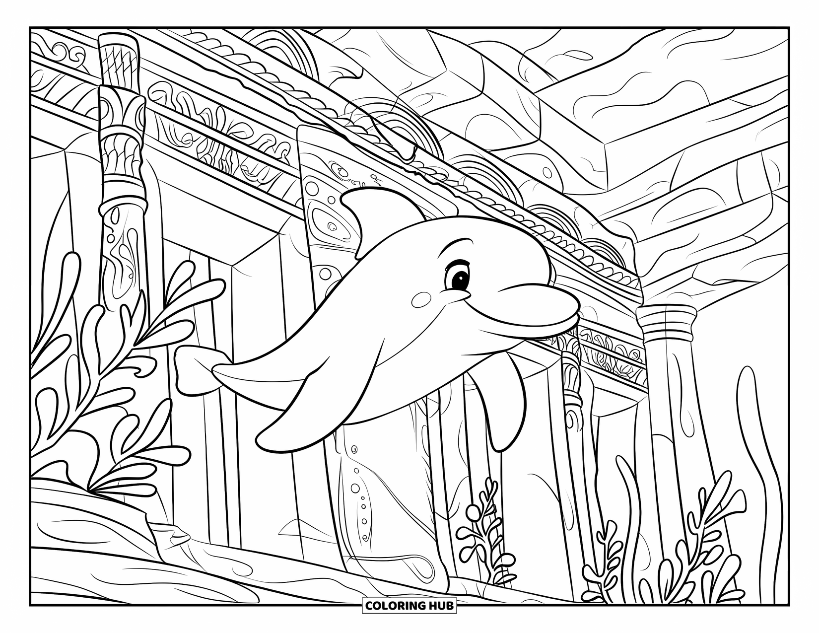 Delfin Ausmalbild für Kinder: Ein Delfin erkundet Ruinen mit leuchtenden Pflanzen unter Wasser