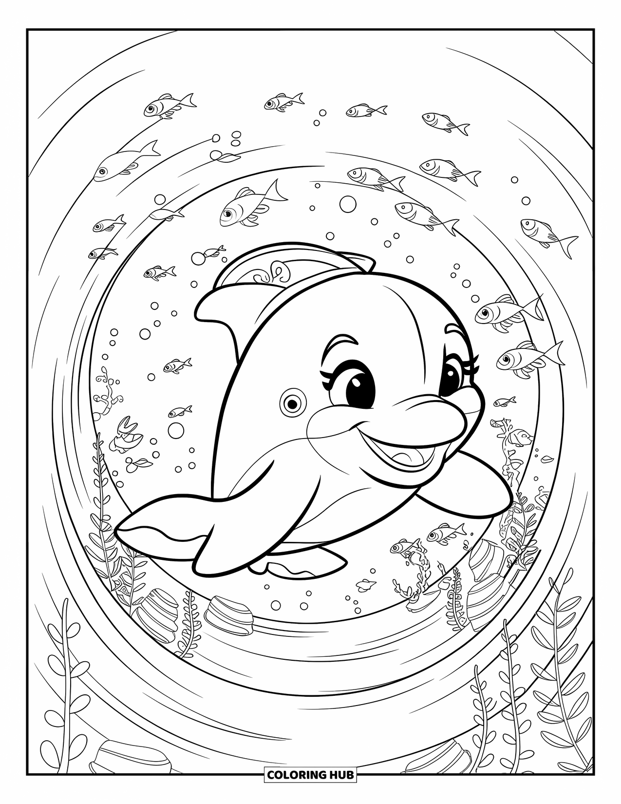 Delfin Ausmalbild für Kinder: Ein Delfin gleitet durch einen Unterwassertunnel mit Fischen