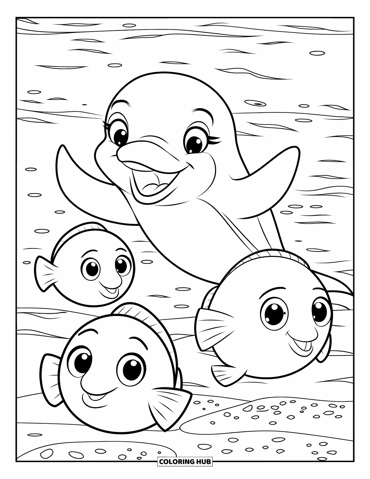 Delfin Ausmalbild für Kinder: Ein Delfin winkt fröhlich mit seiner Flosse, während drei Fische in der Nähe schwimmen
