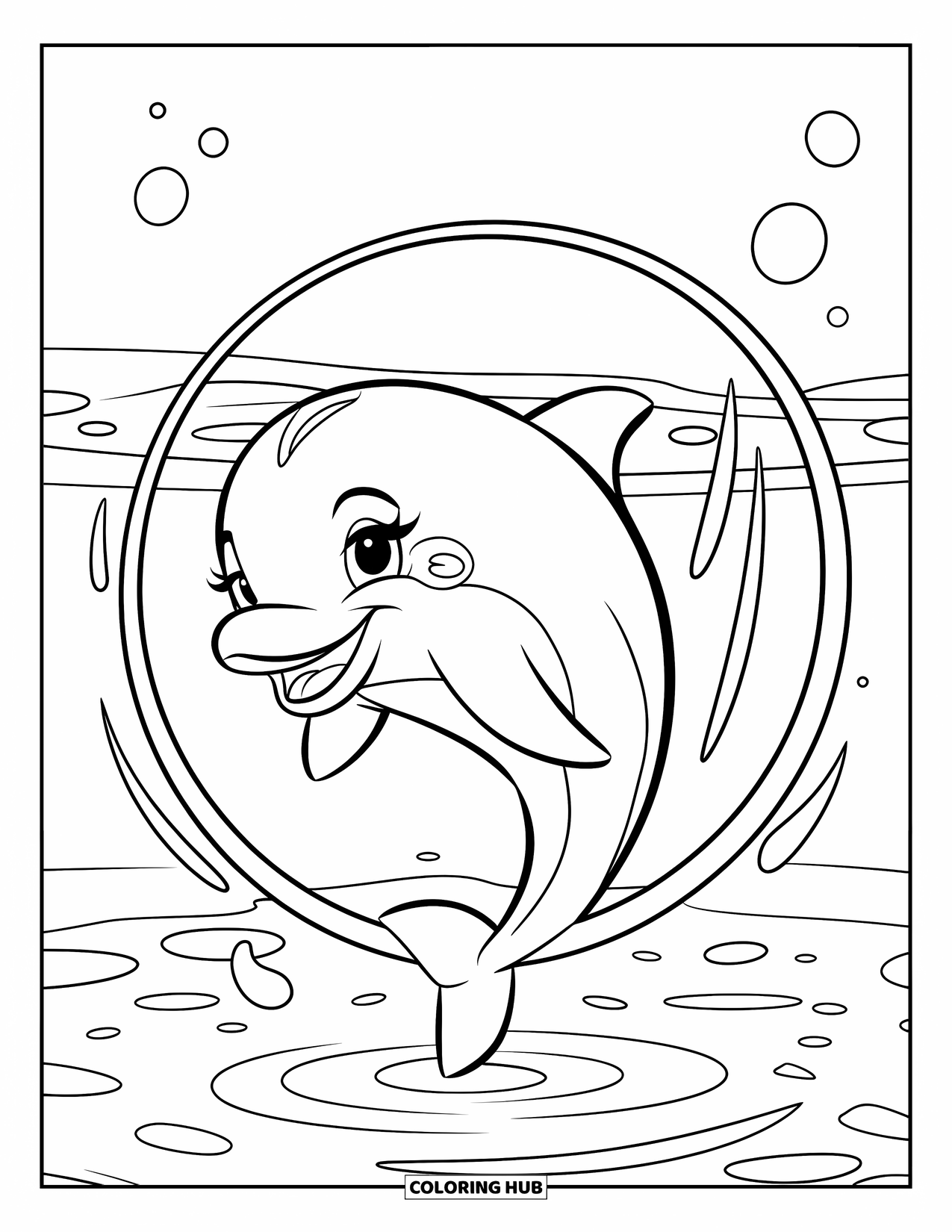 Delfin Ausmalbild für Kinder: Ein Delfin hat Spaß beim Springen durch einen Reifen mit Wassertropfen