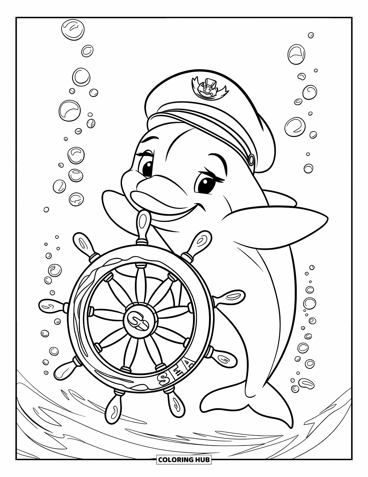 Delfin Ausmalbild für Kinder: Ein Delfin mit Kapitänsmütze steuert ein Schiffsrad mit aufsteigenden Blasen in der Nähe