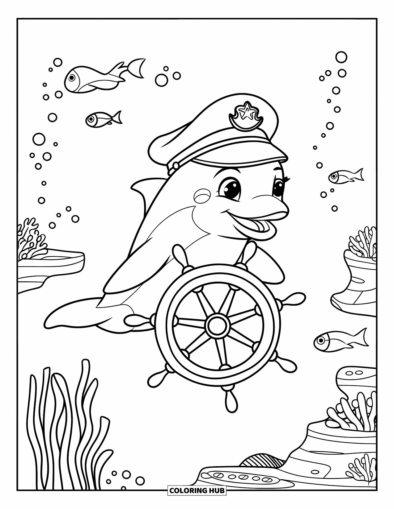 Delfin Ausmalbild für Kinder: Ein Delfin mit Kapitänsmütze steuert ein kleines Unterwasserschiffsrad