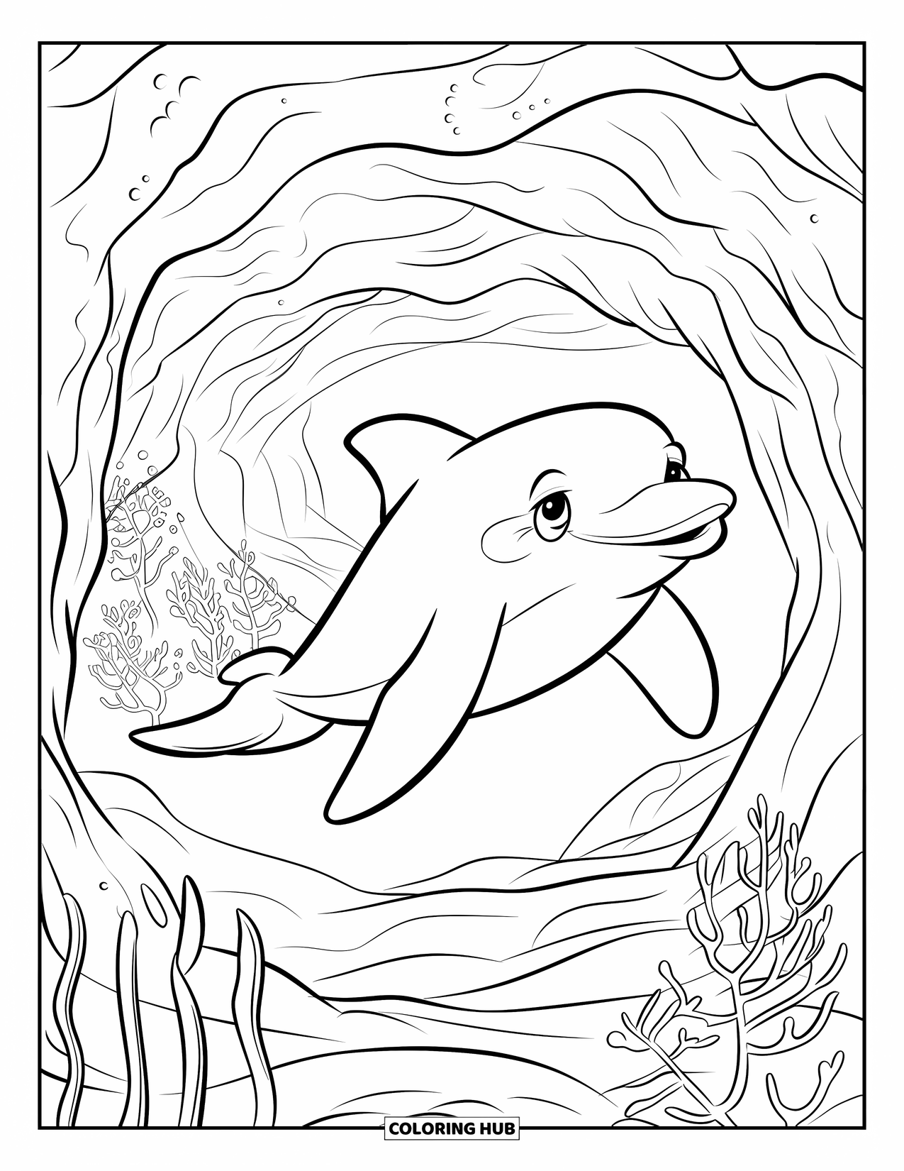 Delfin Ausmalbild für Kinder: Ein Delfin in einer leuchtenden Unterwasserhöhle mit Pflanzen