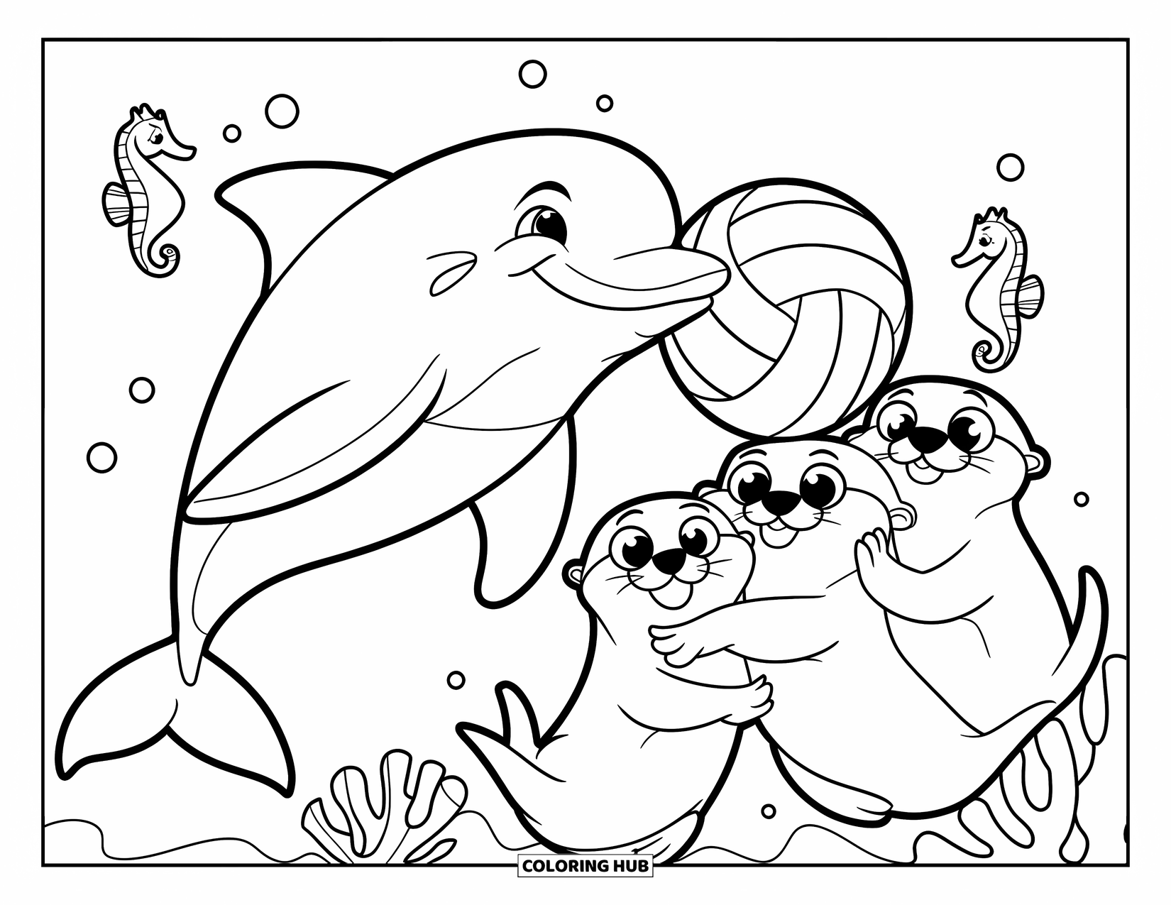 Delfin Ausmalbild für Kinder: Ein Delfin in Uniform spielt unter Wasser Volleyball mit Ottern