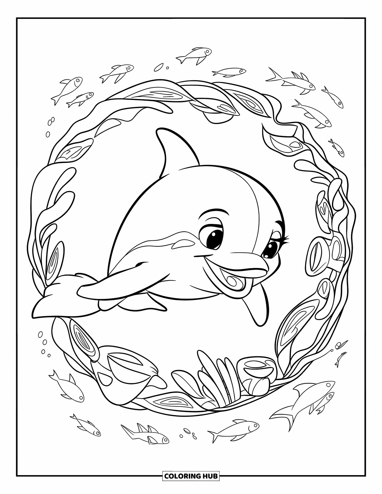 Delfin Ausmalbild für Kinder: Ein Delfin untersucht ein Schiffswrack mit leuchtenden Meerespflanzen