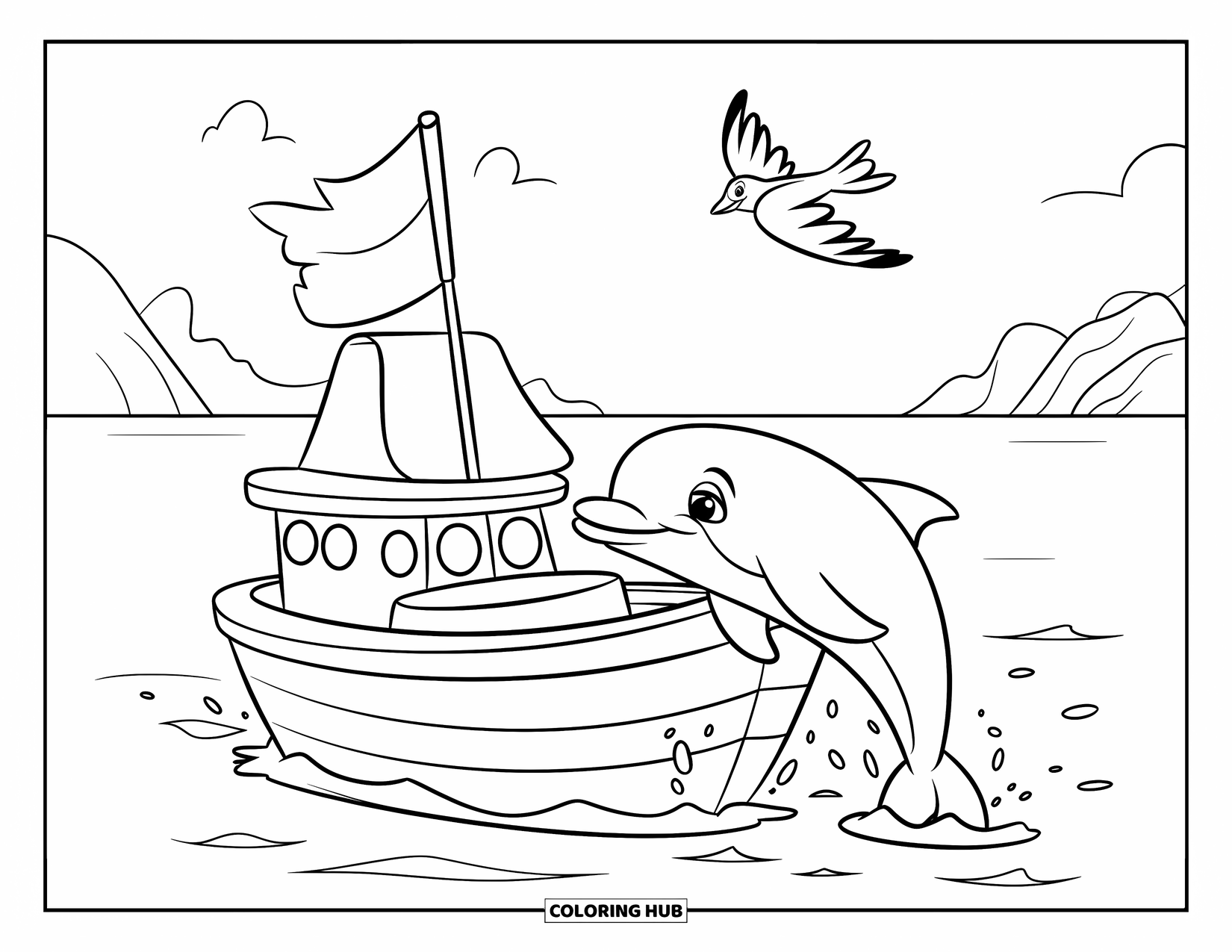 Delfin Ausmalbild für Kinder: Ein Delfin springt in der Nähe eines Bootes mit einer Flagge und einem Vogel darüber