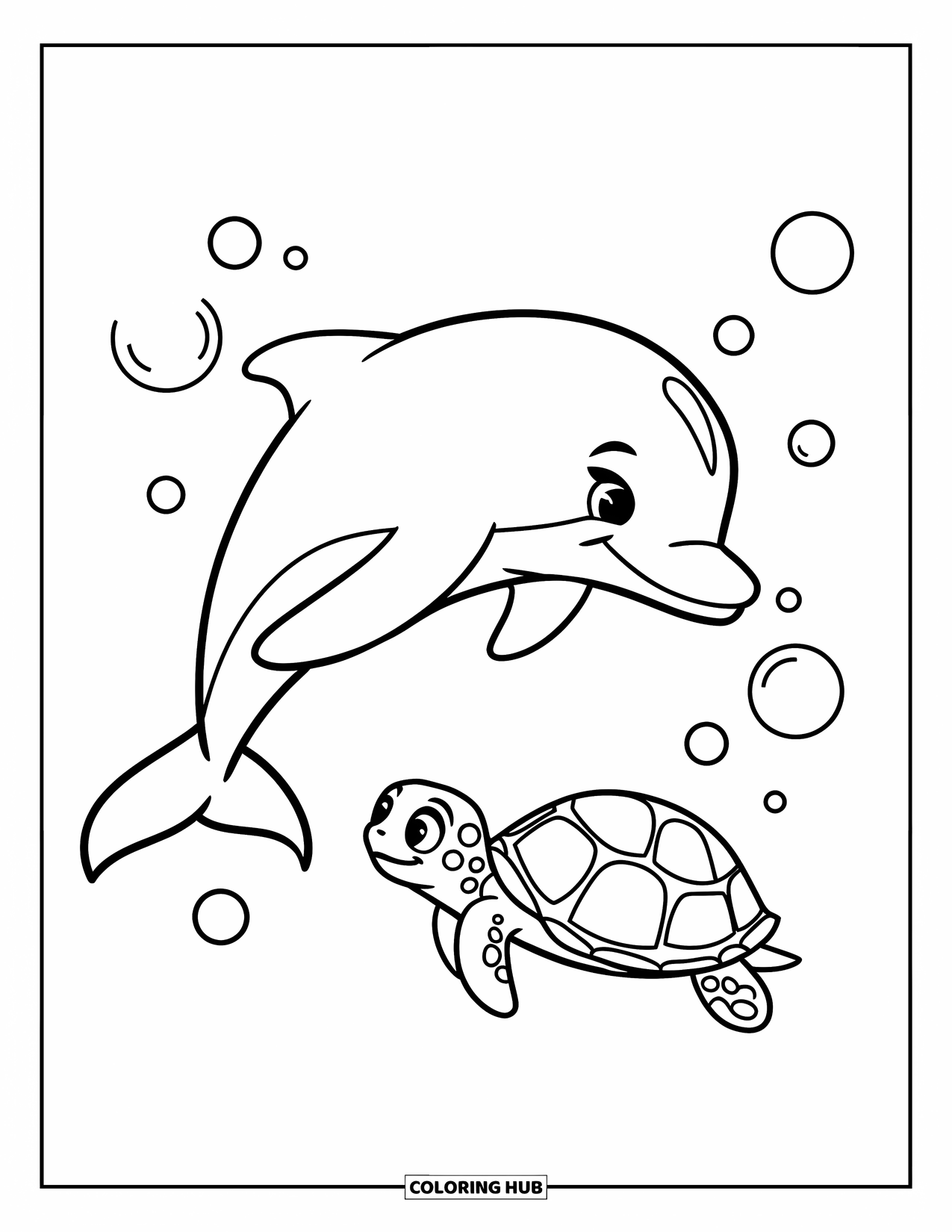 Delfin Ausmalbild für Kinder: Ein Delfin springt über eine Schildkröte mit Blasen, die um sie herum schweben