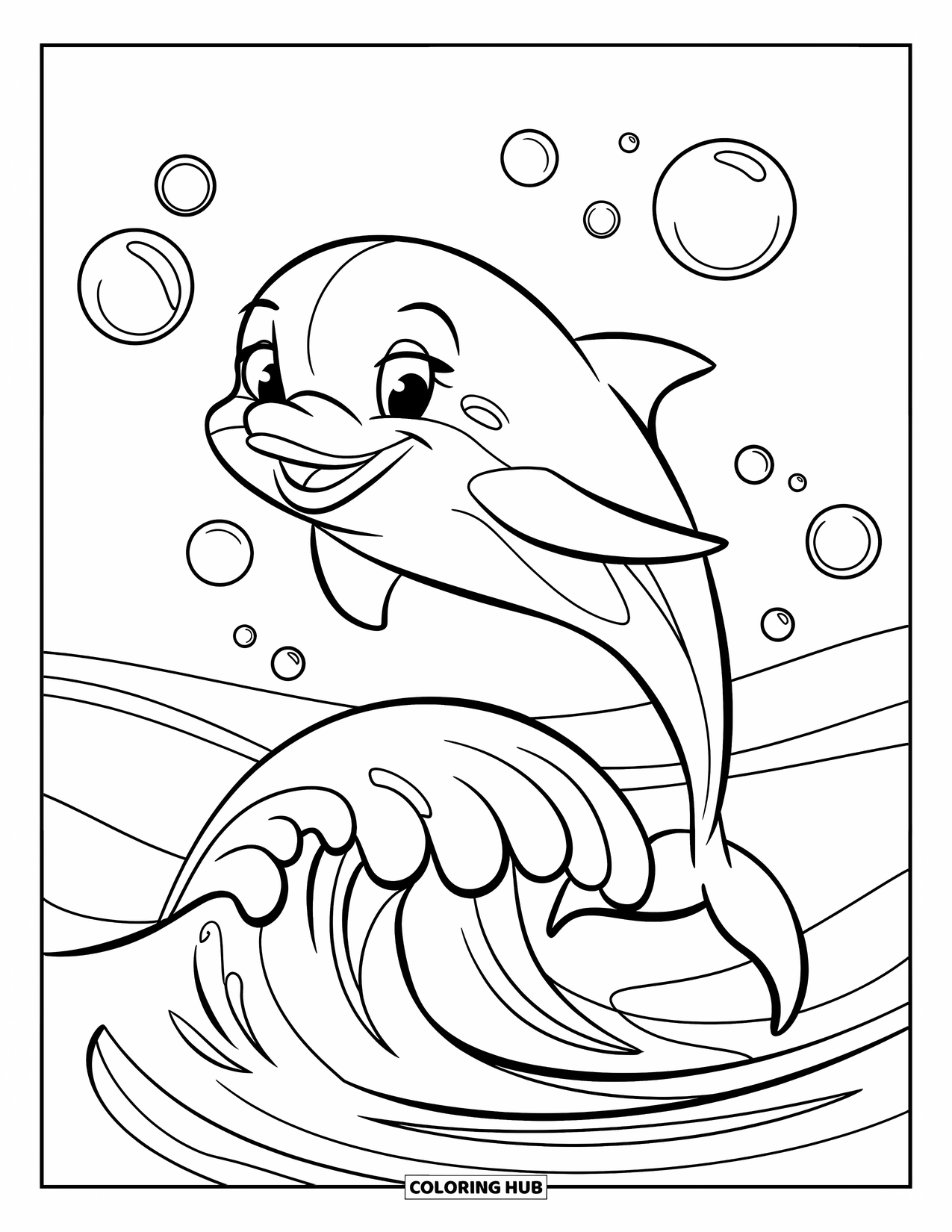 Delfin Ausmalbild für Kinder: Ein Delfin springt über eine Welle mit Blasen um sich herum