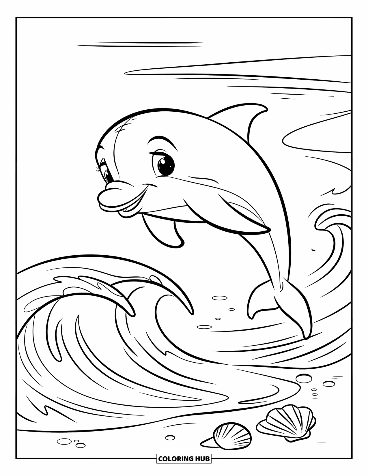 Delfin Ausmalbild für Kinder: Ein Delfin springt über Wellen mit Muscheln am Strand