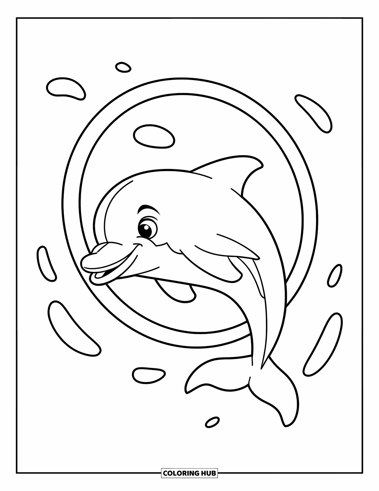 Delfin Ausmalbild für Kinder: Ein Delfin springt durch einen Reifen mit Wassertropfen um sich herum